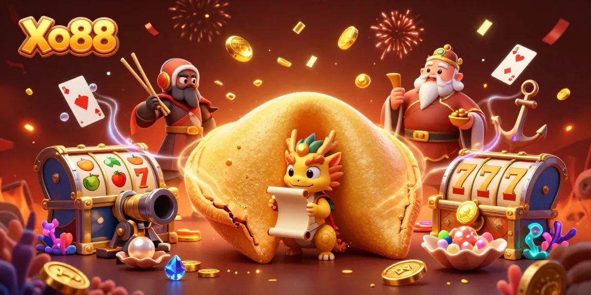 Xo88 engages players with a vibrant casino scene featuring a golden fortune cookie and dynamic game elements.