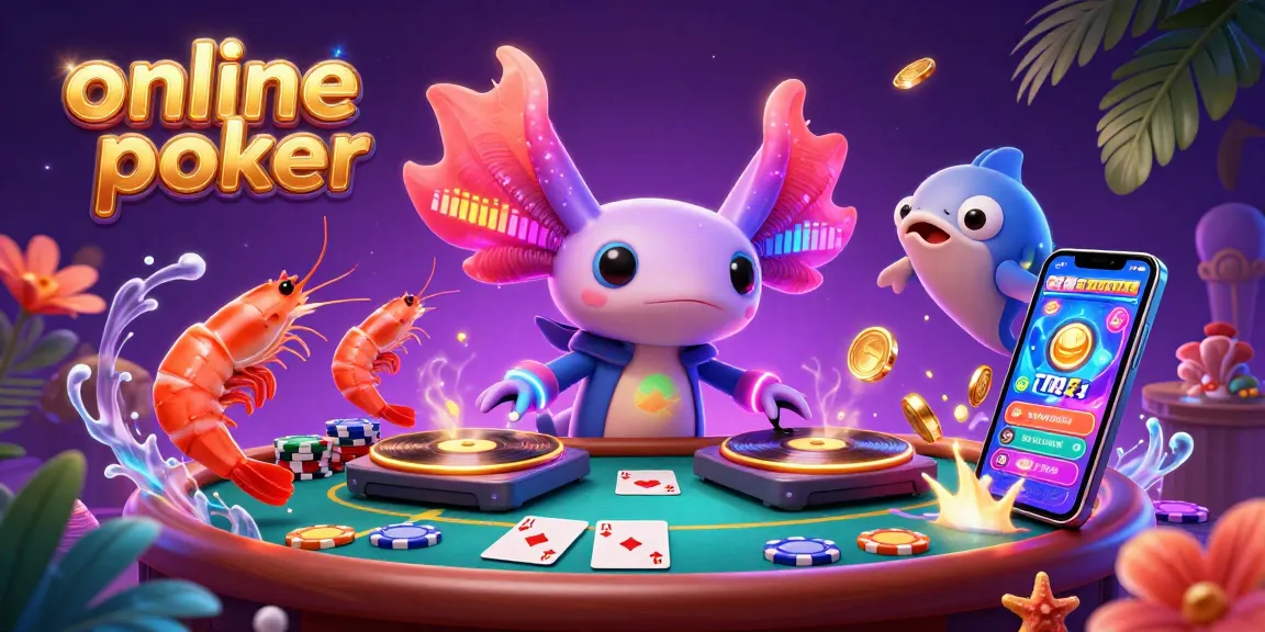 Engage in online poker with a vibrant axolotl DJ amidst dancing shrimp and poker elements