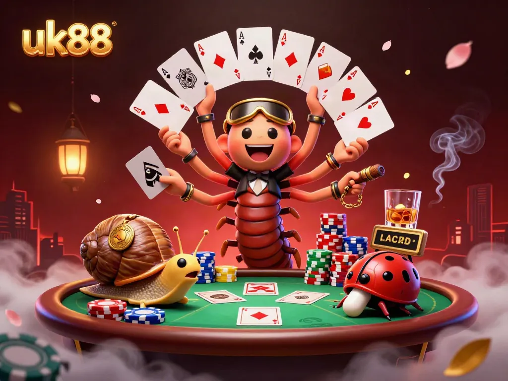 Experience the excitement of uk88 with this vibrant 3D casino scene featuring lively characters at the poker table.