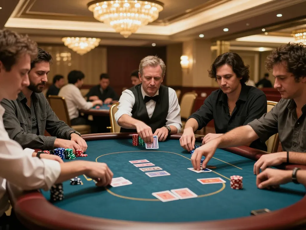 Play exciting poker at Xin88's upscale casino table with players engaged in a thrilling game.