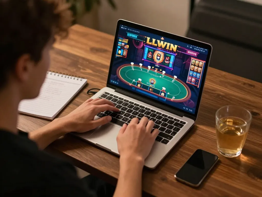 Engaging in online games at LLWIN with a laptop, showcasing vibrant action.