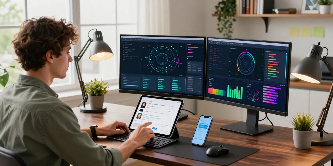 快连 user in a modern workspace analyzing network optimization data on multiple screens.