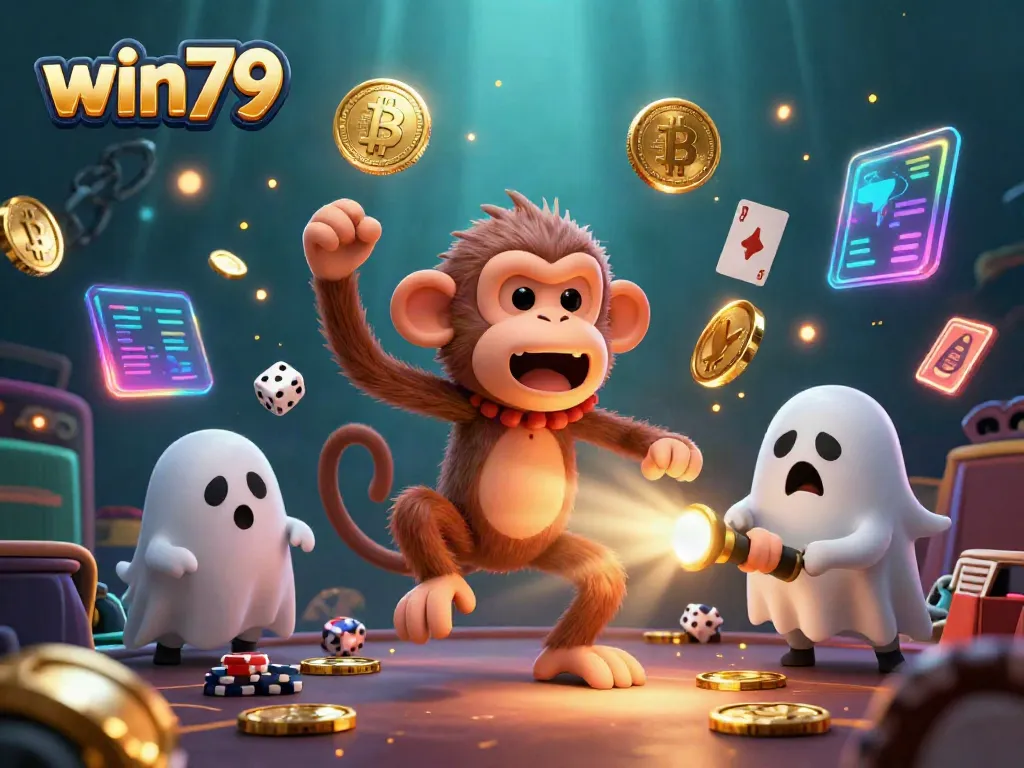 Engage with the thrilling spirit of win79 as a poltergeist monkey juggles golden casino tokens, offering a unique gaming experience.
