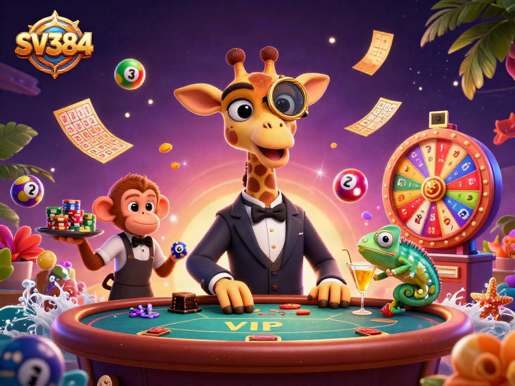 Win big with SV384 at a vibrant casino scene featuring exciting game elements.
