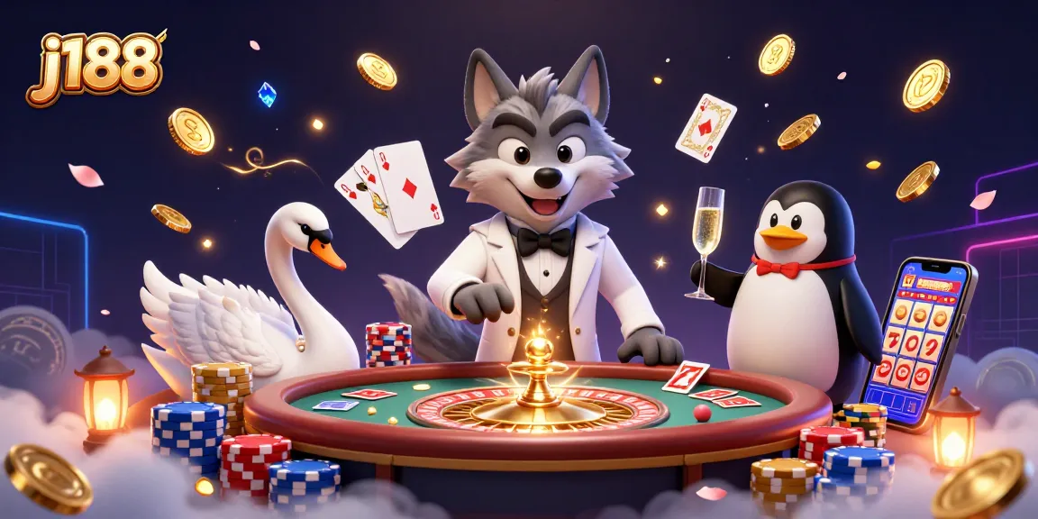 Experience thrilling games at j188 featuring a debonair wolf, elegant swan, and sommelier in a vibrant casino scene.