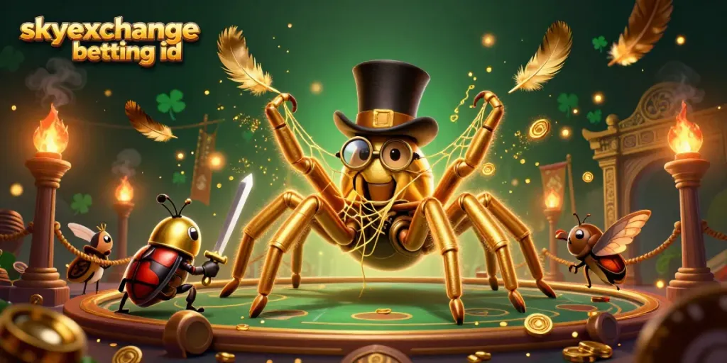 Engage with the dynamic skyexchange betting id scene showcasing a golden tarantula and beetle knight in an exciting casino atmosphere.