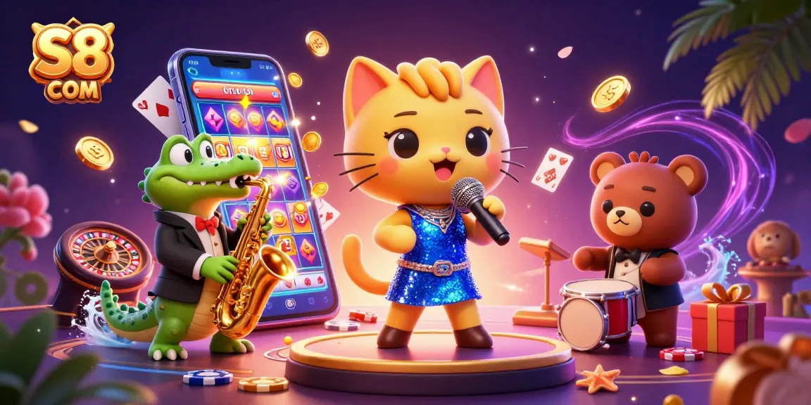 S8 COM showcases exciting casino entertainment with a lively jazzy scene, featuring characters and slot games.