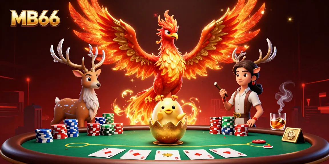 Experience the thrill of MB66 with a dramatic phoenix scene above a poker table full of vibrant excitement.