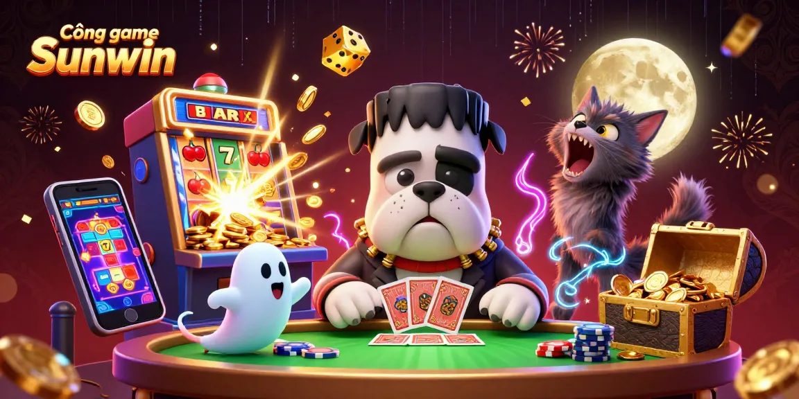 Cổng game Sunwin features a haunted casino scene with imaginative characters and vibrant gaming elements bursting with excitement.