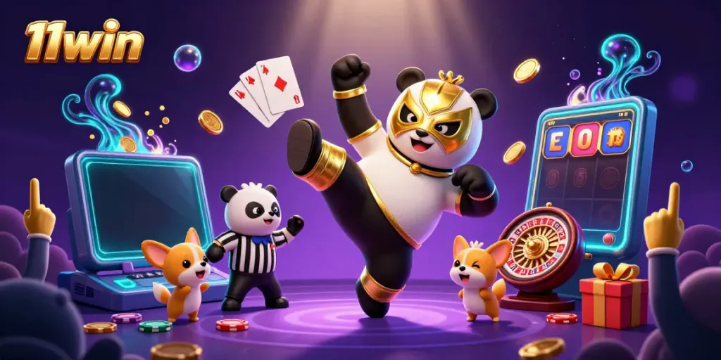 Experience thrilling action at 11win with a panda wrestler and vibrant casino elements.
