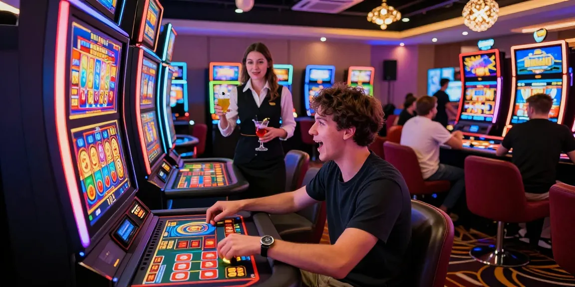 Spieler genießt aufregende Spiele in einem Paysafe Card Casino, umgeben von lebhaften Slots und Live-Dealern.