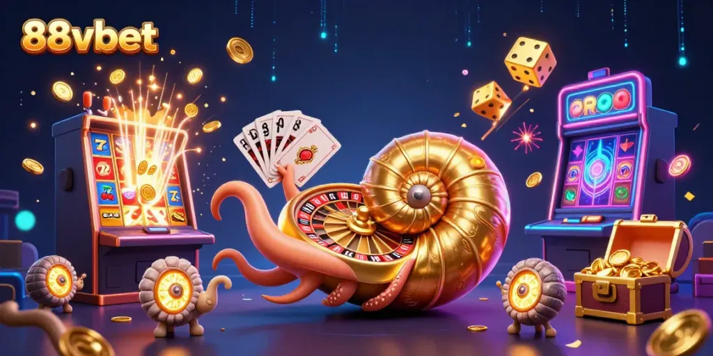 Experience the thrill of winning at 88vbet with a vibrant 3D casino scene complete with a giant nautilus roulette wheel.