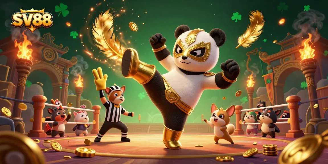 Experience thrilling SV88 action with a cartoon panda wrestler and a chihuahua referee in vibrant casino excitement.
