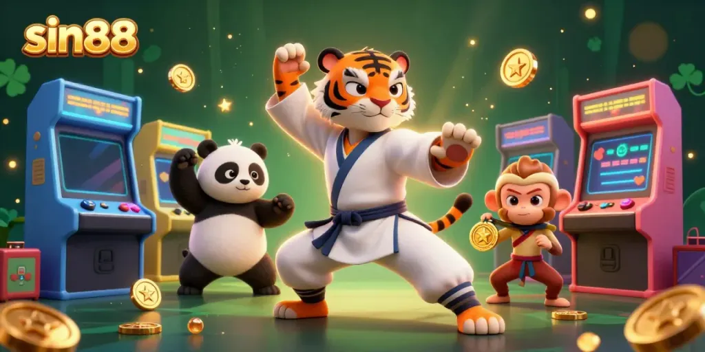 Experience thrilling gaming action at sin88 with vibrant 3D characters amid casino elements and arcade excitement.