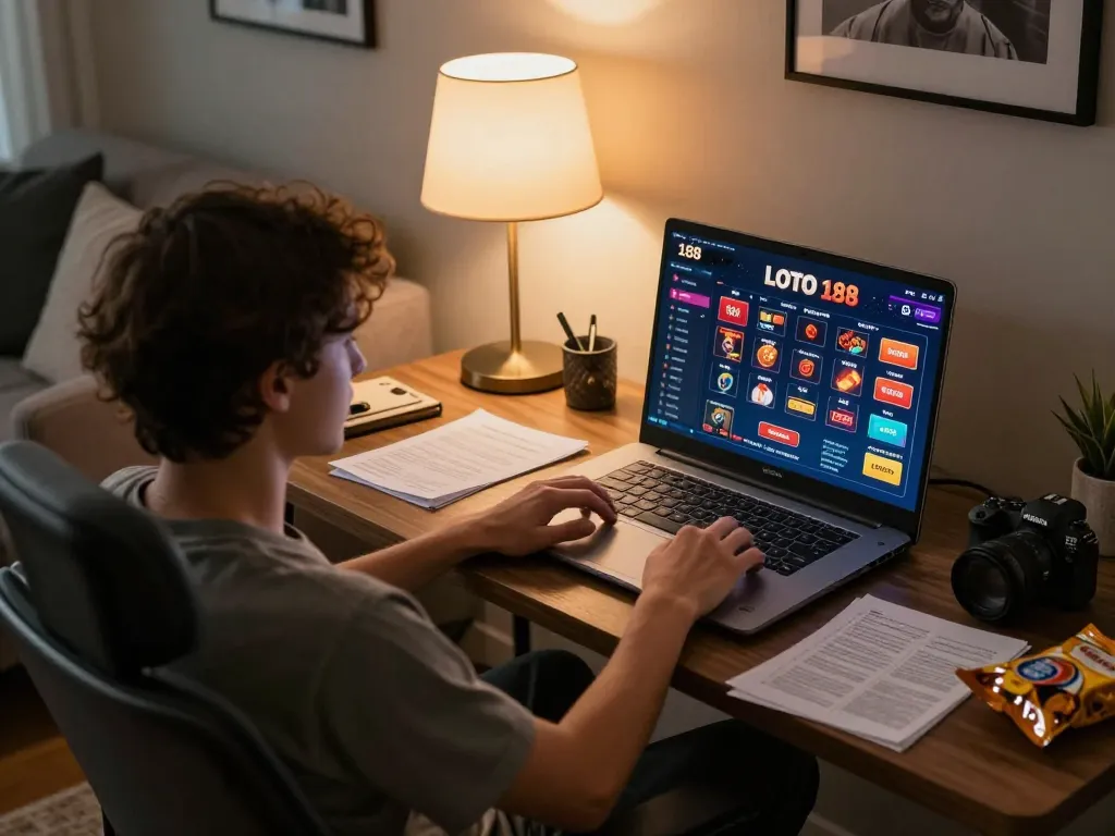 Player interacting with LOTO 188 online casino on laptop at home, showcasing strategic gameplay.