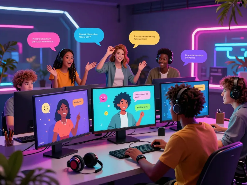 Porn chat AI characters interacting in a vibrant digital space with colorful chat bubbles and modern workspace elements.