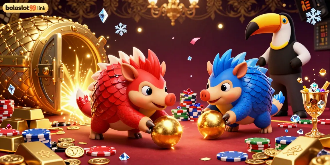 Engage in thrilling gameplay at bolaslot99 link, where rival pangolins collide in a vibrant casino scene.