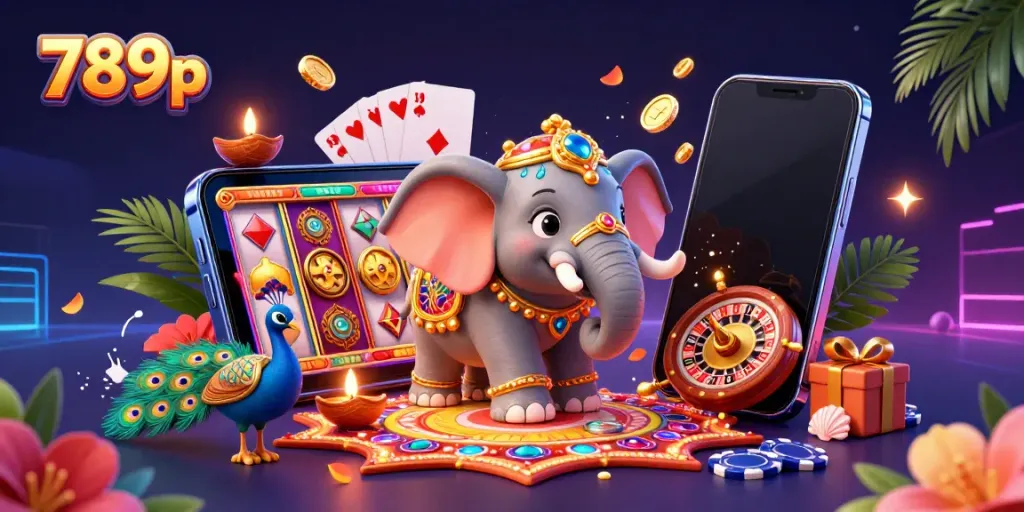 Engage with vibrant gameplay visuals at 789p, featuring a lively casino scene of elephants and peacocks.