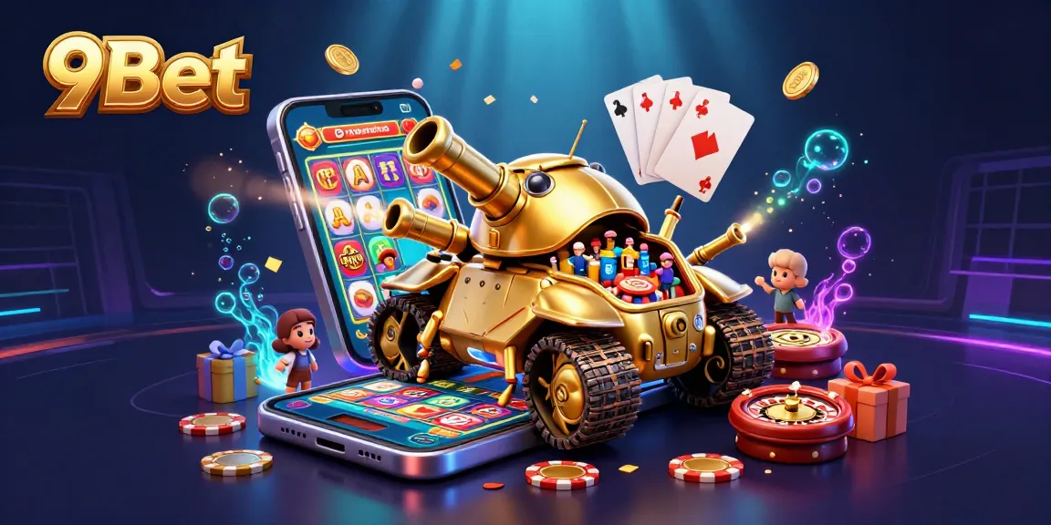 Experience the vibrant energy of 9Bet's miniature casino inside a golden beetle tank with confetti cannons.