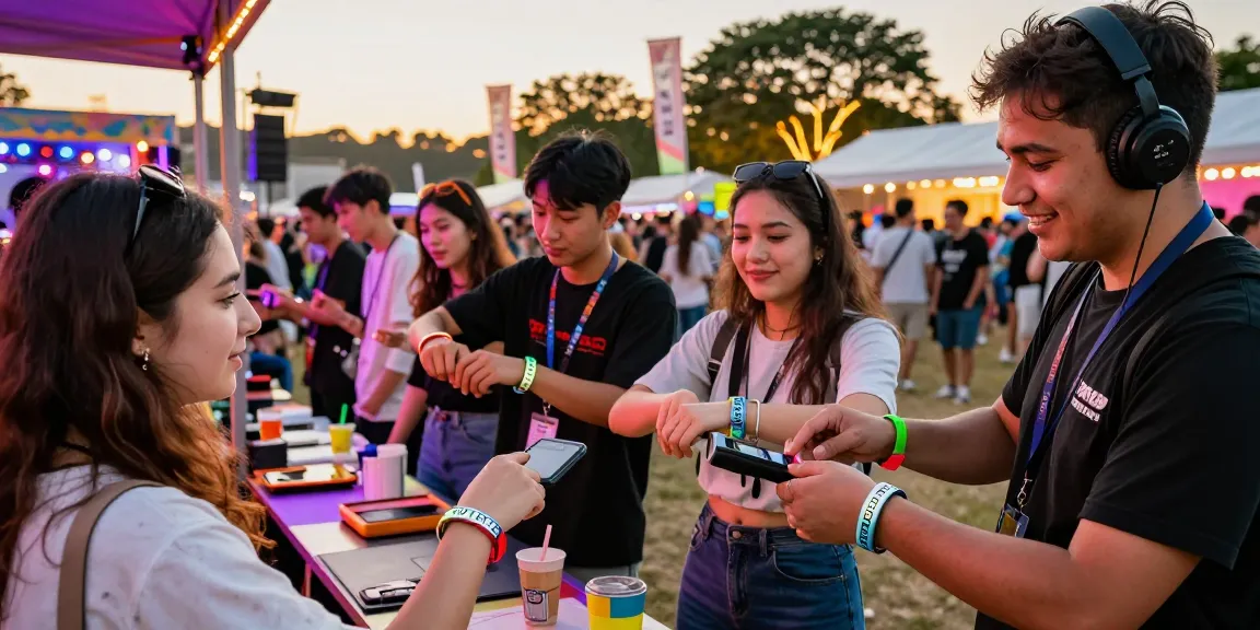 Attendees using pulseras NFC para festivales at a vibrant music event, enjoying seamless entry and cashless payments.