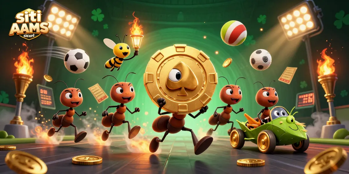 Rappresentazione vivace di siti non AAMS sicuri con una squadra di formiche che trasportano un chip da poker d'oro in un tunnel.