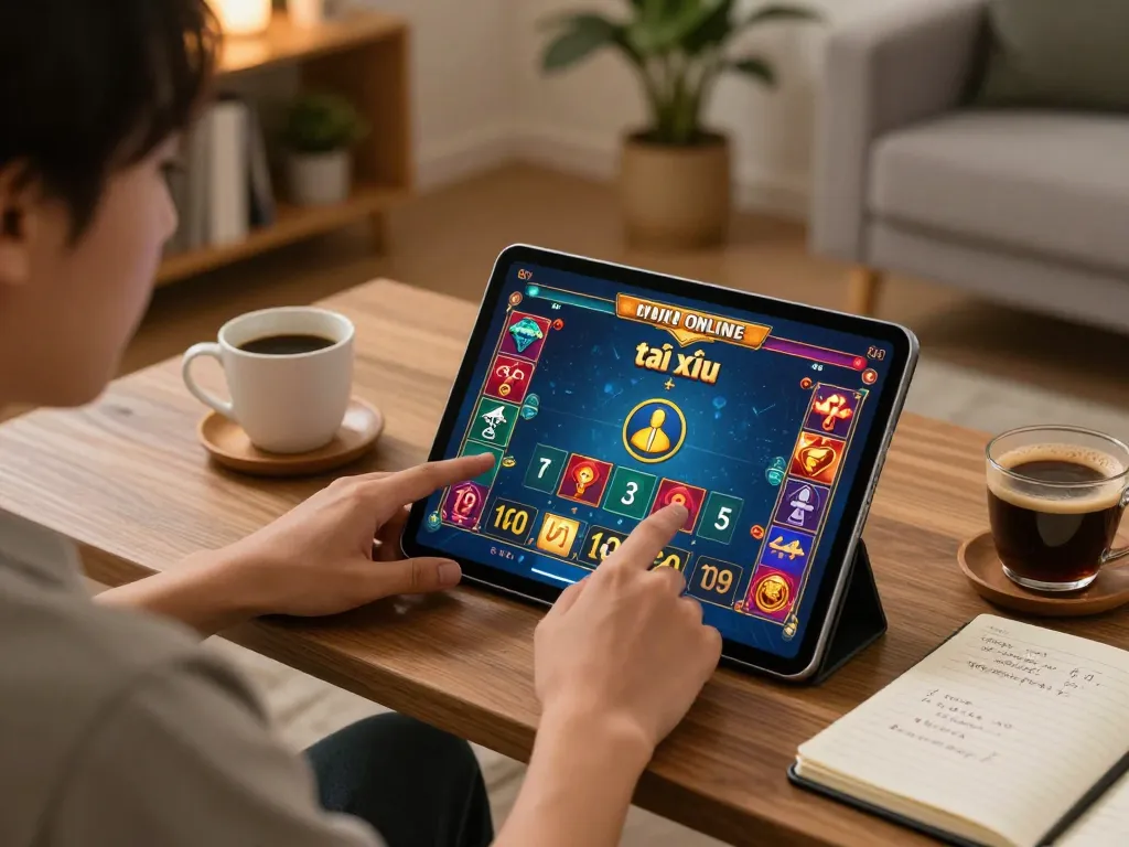 Engaging in tài xỉu online gaming on a tablet with betting options displayed in a cozy living room.