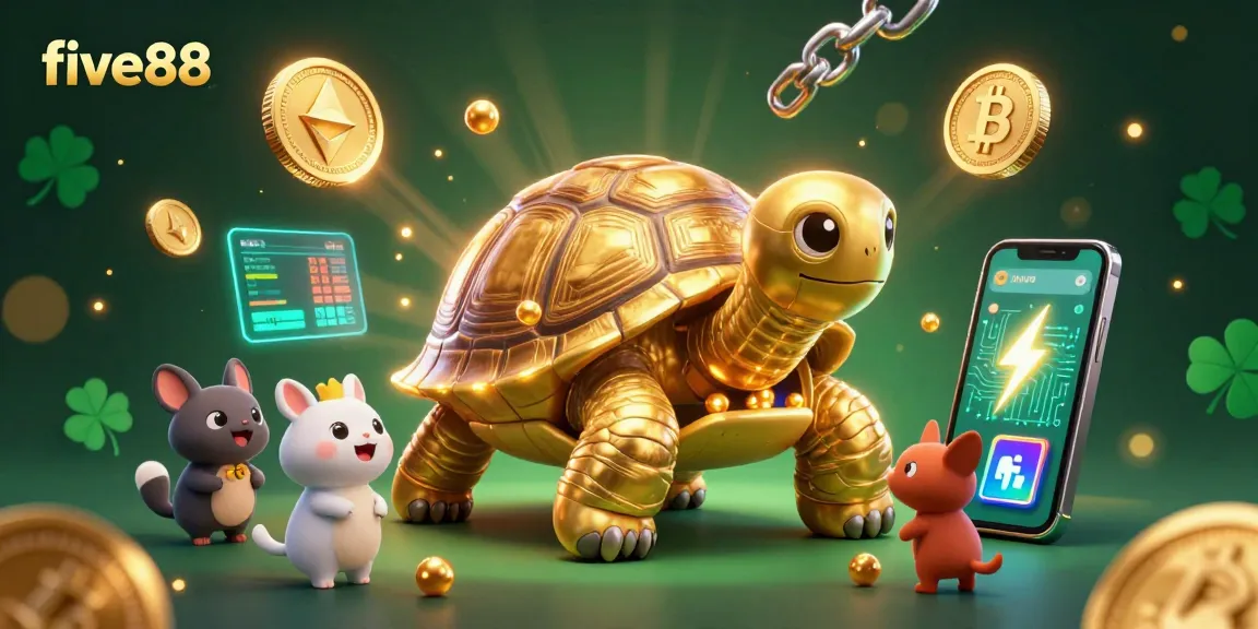 Engage with five88 in a lively crypto-themed casino scene featuring a golden tortoise pinball machine and excited players.