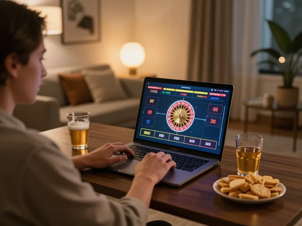 MM88 player placing bets on an exciting online roulette game with refreshments nearby