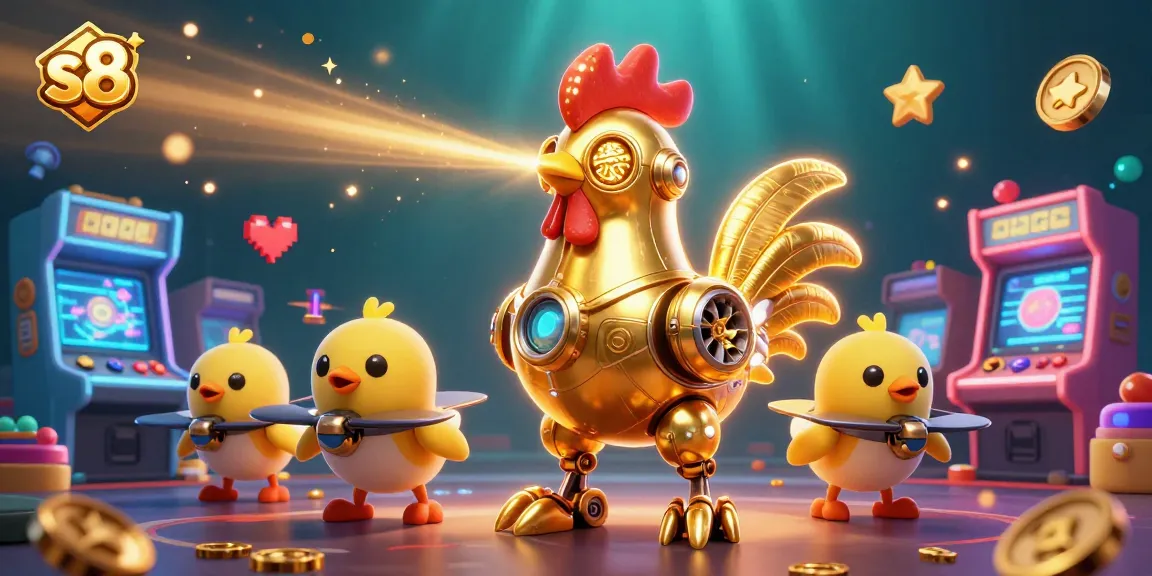 S8 players enjoy vibrant casino games with golden rooster robots and arcade machines.