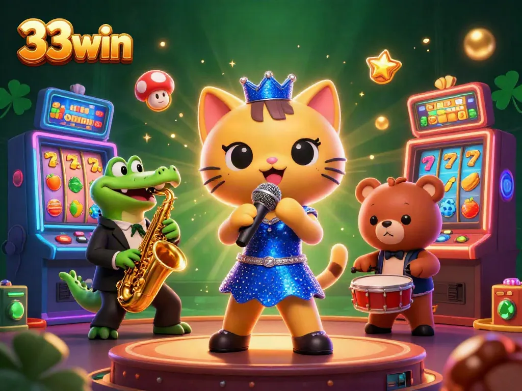 Experience the vibrant world of 33win at a lively casino stage featuring a jazz-singer cat, crocodile, and bear cub.