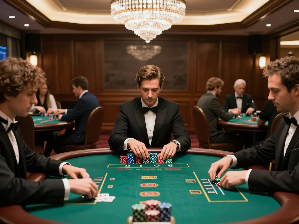 sunwin players focus on poker strategy in luxurious casino setting with vibrant chips and elegant decor