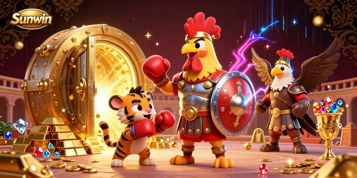 Engage with Sunwin's intense action featuring a gladiator rooster and treasure amidst dynamic casino symbols