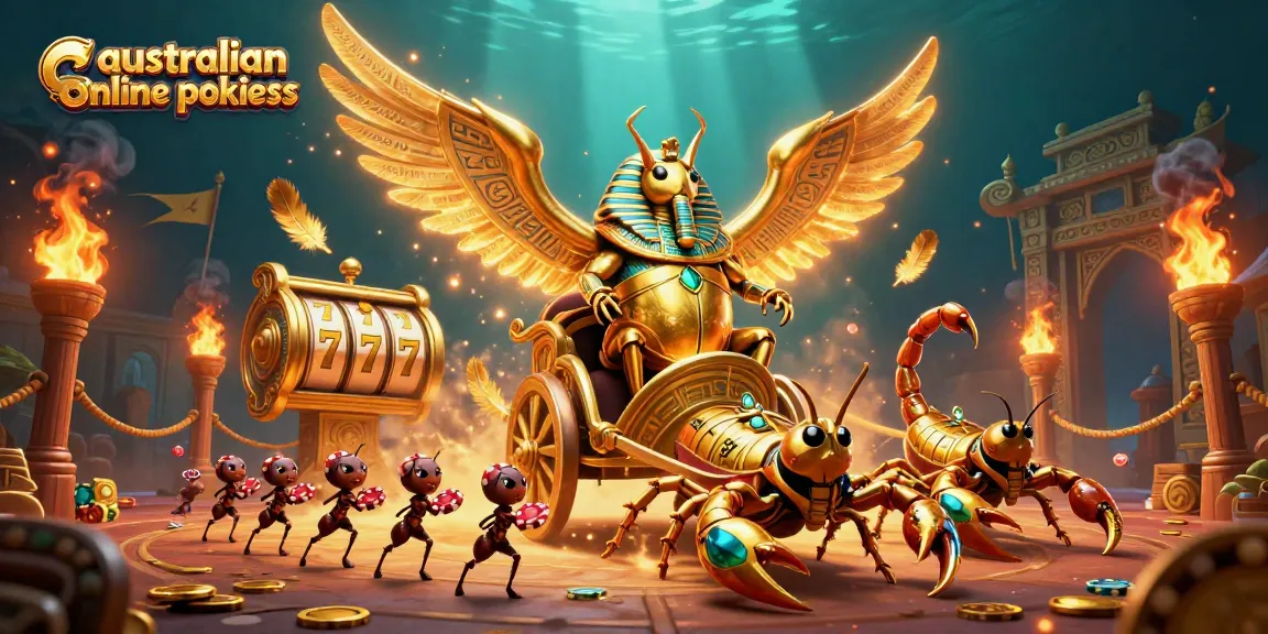 Experience thrilling australian online pokies with an exciting 3D scene of ancient symbols and vibrant characters.
