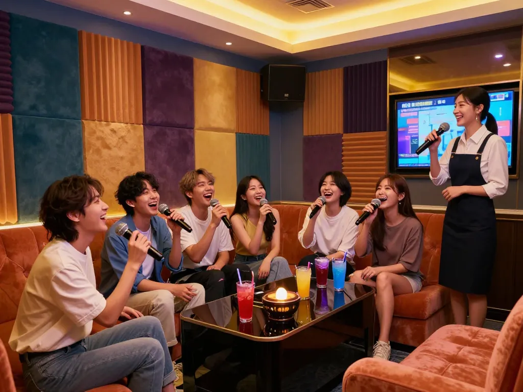 스타일리시한 개인 노래방에서 친구들과 함께 노래하며 음료를 즐기는 인천쓰리노의 밤문화.