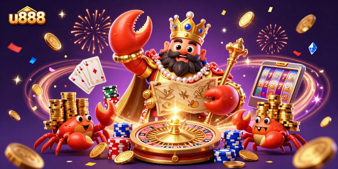 Experience thrilling gameplay with u888's golden crab emperor surrounded by casino elements