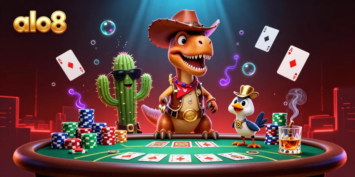 Experience the thrilling poker action at alo8 with vibrant 3D casino characters and game elements.