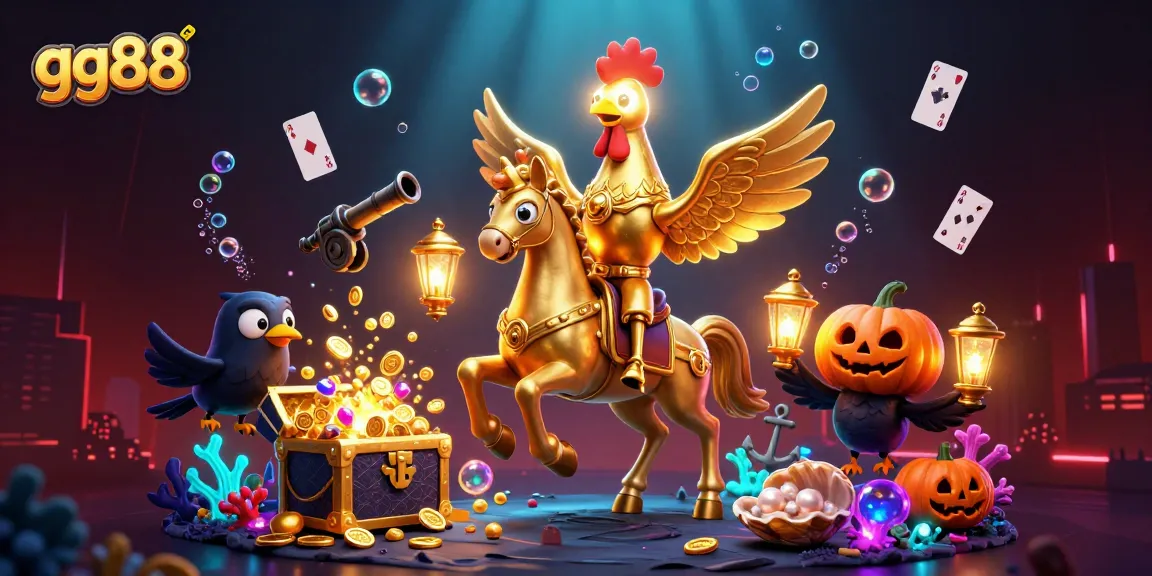 Play and win big at gg88 with vibrant casino illustrations featuring golden rooster and treasure.