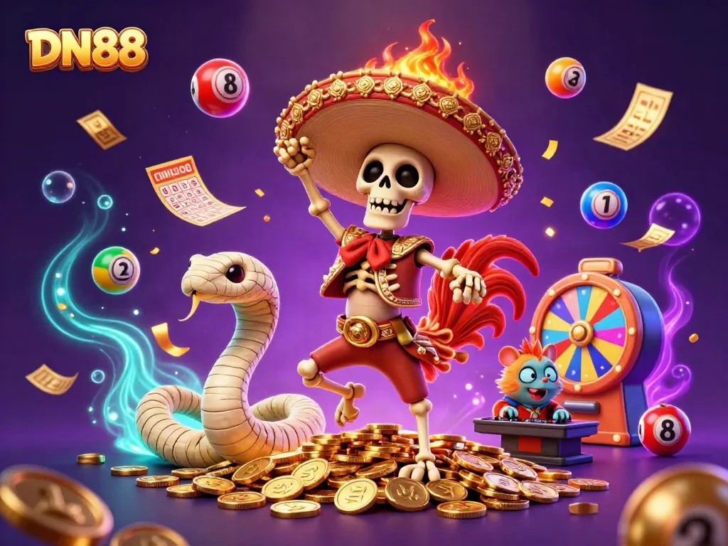 Join the excitement at DN88 where a mariachi skeleton, mummy snake, and zombie DJ celebrate amidst vibrant casino games.