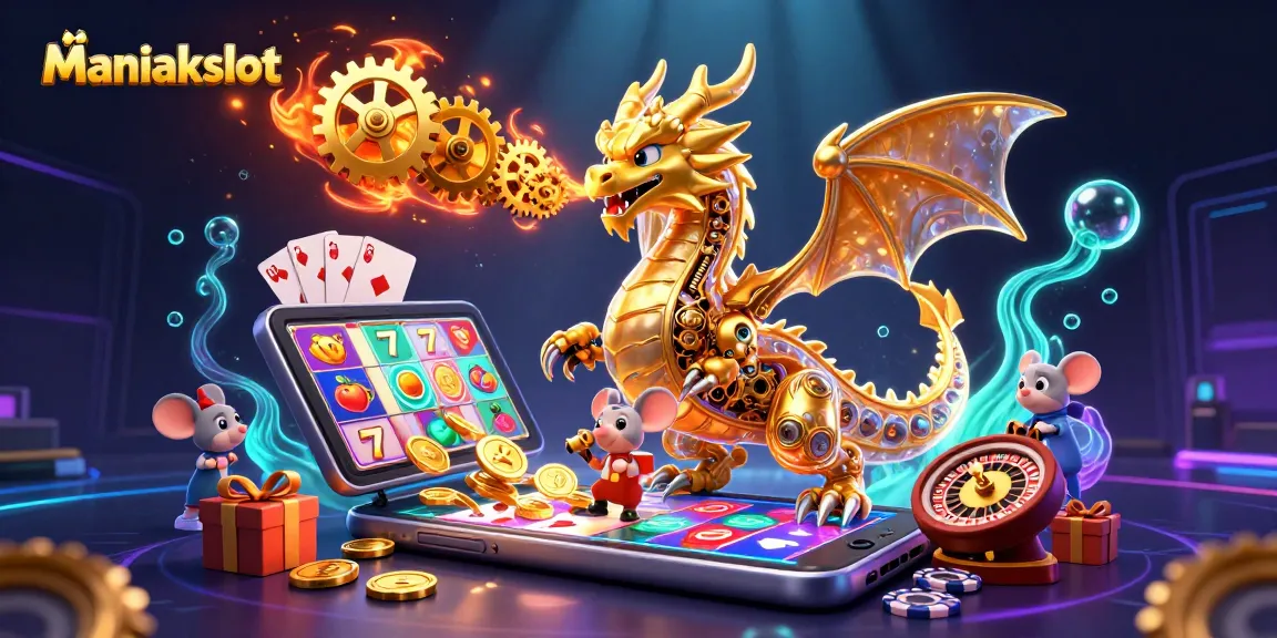 Experience the excitement of Maniakslot with a dragon and engineer amidst vibrant game elements.