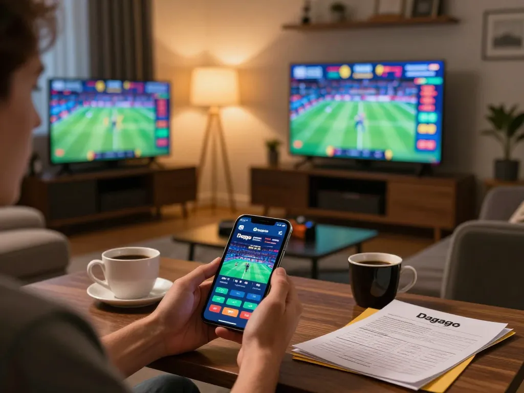 Player using Dagago app for online sports betting in a modern living room