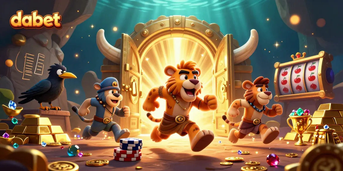 Dabet slots illustration featuring a caveman, saber-tooth tiger, and crow in a lively prehistoric casino scene.
