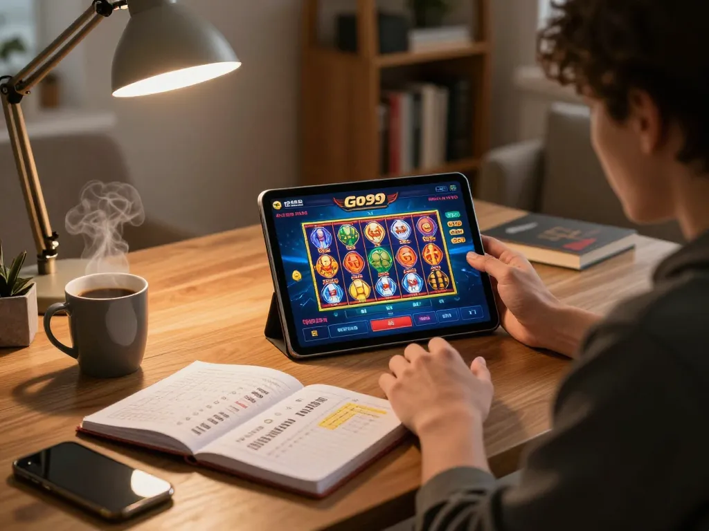 Person enjoying a winning moment on the Go99 app while seated in a cozy home office, focusing on smart bankroll management.