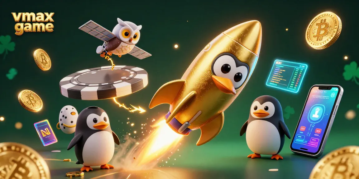 Engage in vmax game action with a golden penguin rocket and casino elements in a vibrant 3D space.
