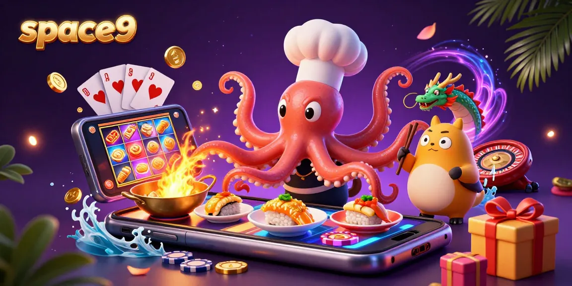 Spin the reels at space9 while a sushi chef octopus serves gold-dusted dishes in a vibrant casino.