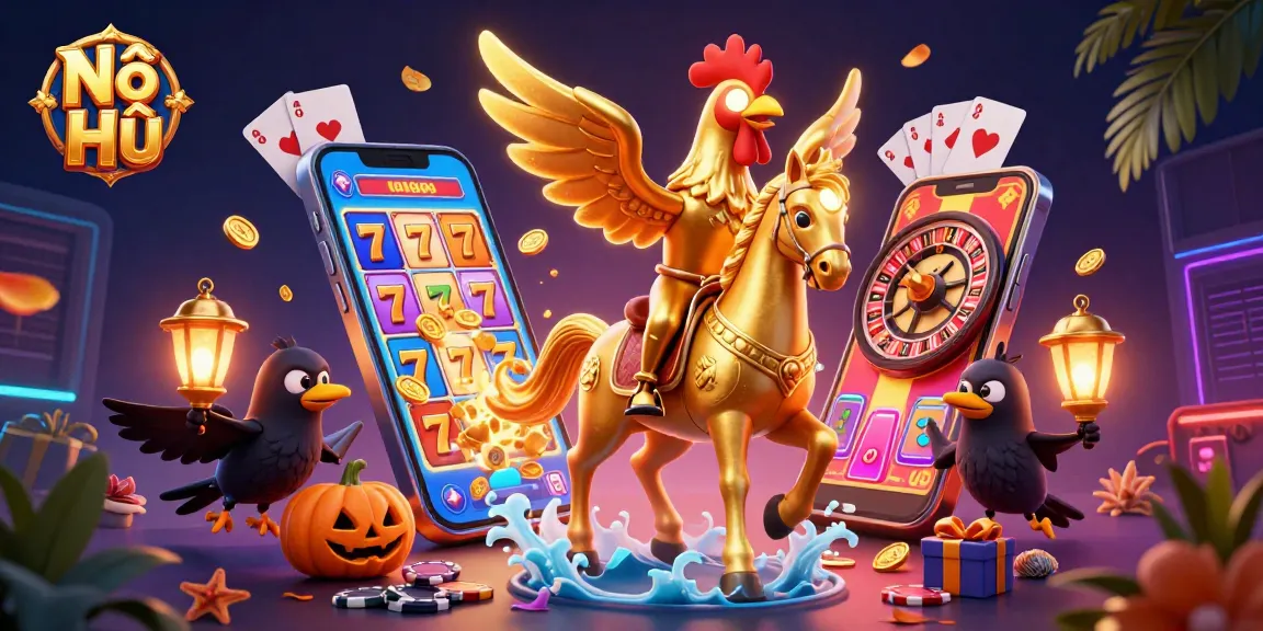 Nổ Hũ showcases a golden rooster with its head, surrounded by casino elements like slots, cards, and coins.