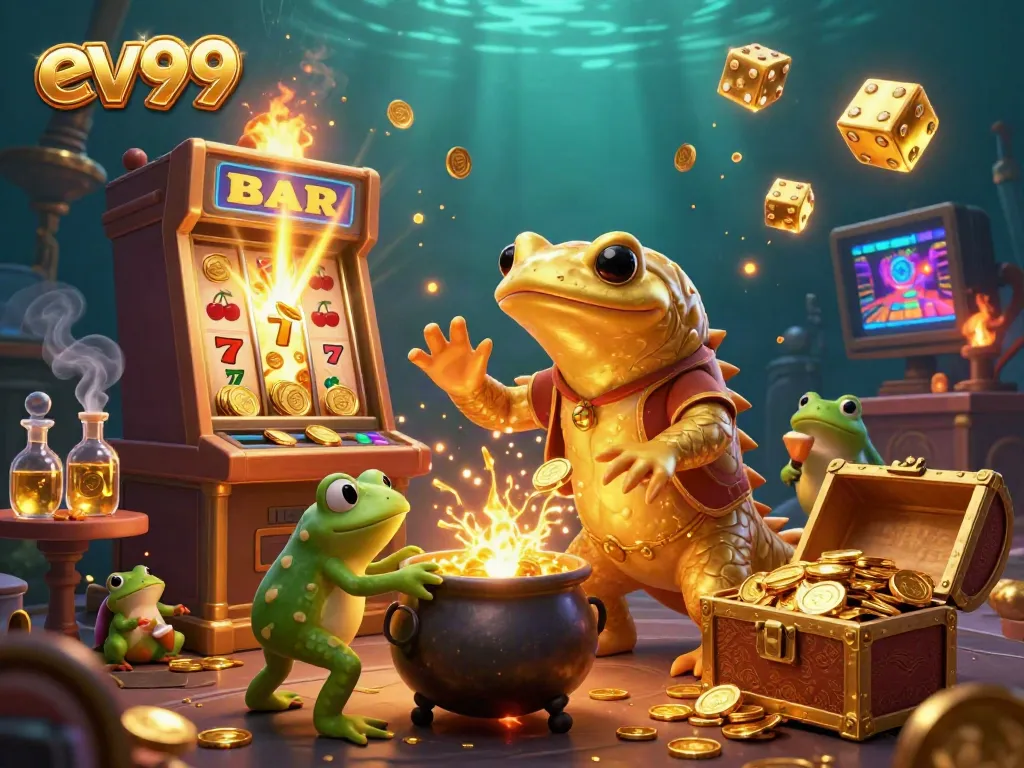 Experience the thrill of ev99 with a golden alchemist in a vibrant casino setting.