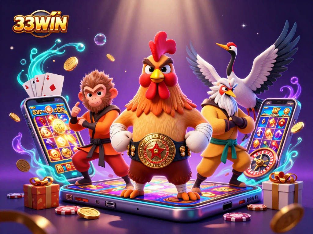Win exciting games at 33WIN with our vibrant Muay Thai rooster and Shaolin monkey in action.