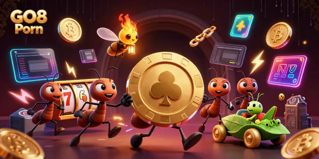 Experience thrilling action with GO8 Porn as animated ants and characters engage in a lively casino heist scene.