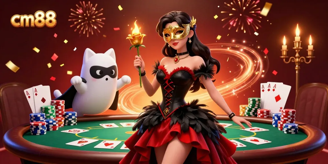Experience thrilling moments at cm88 with a stunning scene of a masked woman and her phantom cat in a vibrant casino.