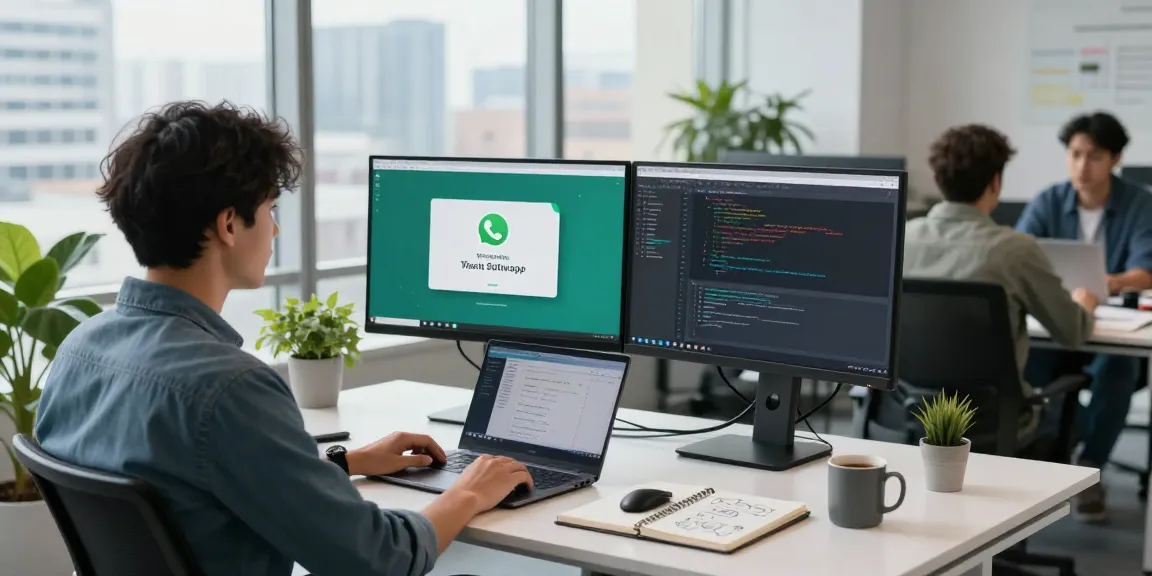 Developer using WhatsApp網頁版 on dual monitors in a modern office workspace.